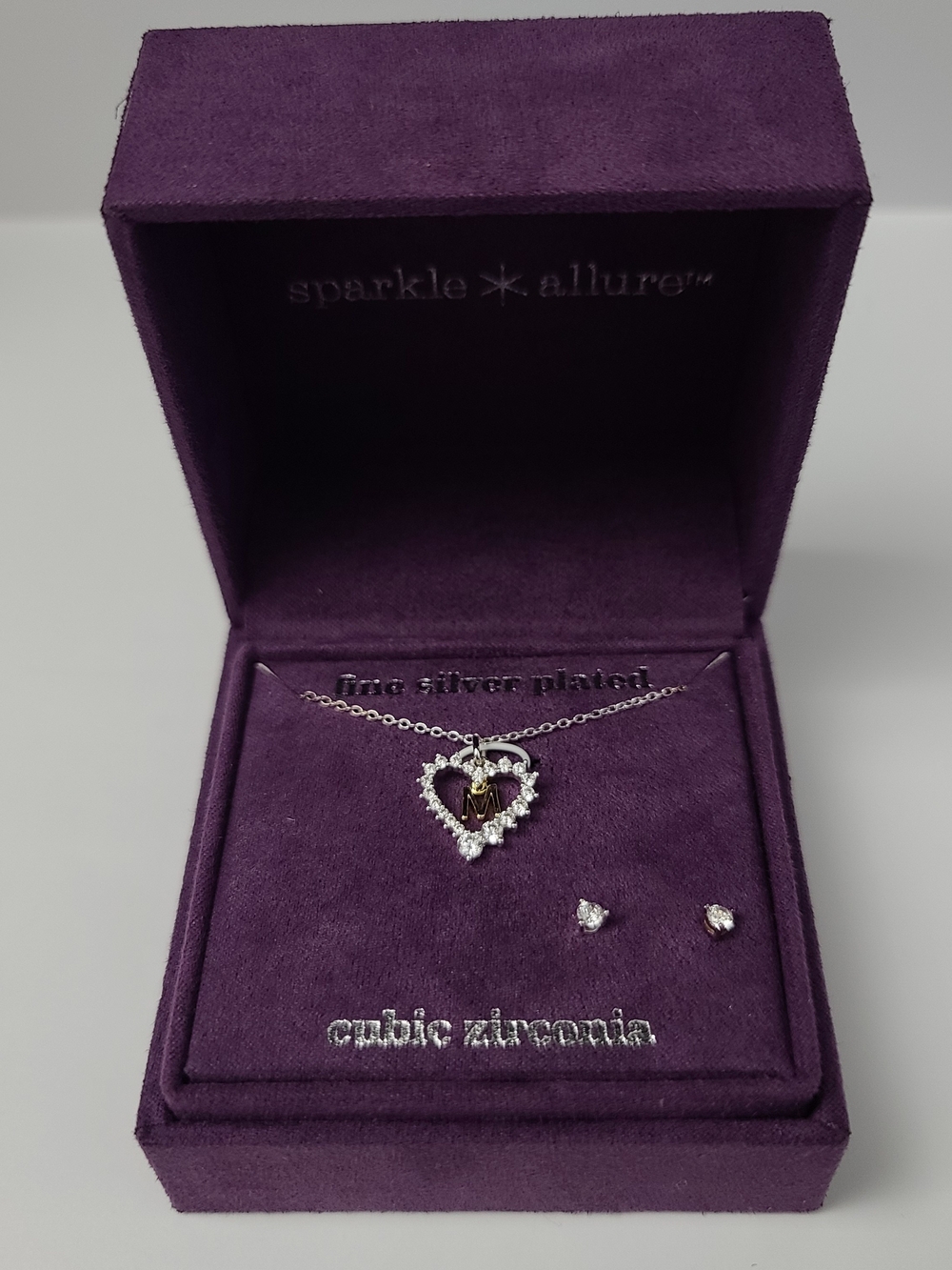 Silver-Plated Heart Initial M Pendant Necklace and Stud Earrings